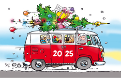 Kerstkaart   Rood Volkswagen busje Achterkant/Voorkant